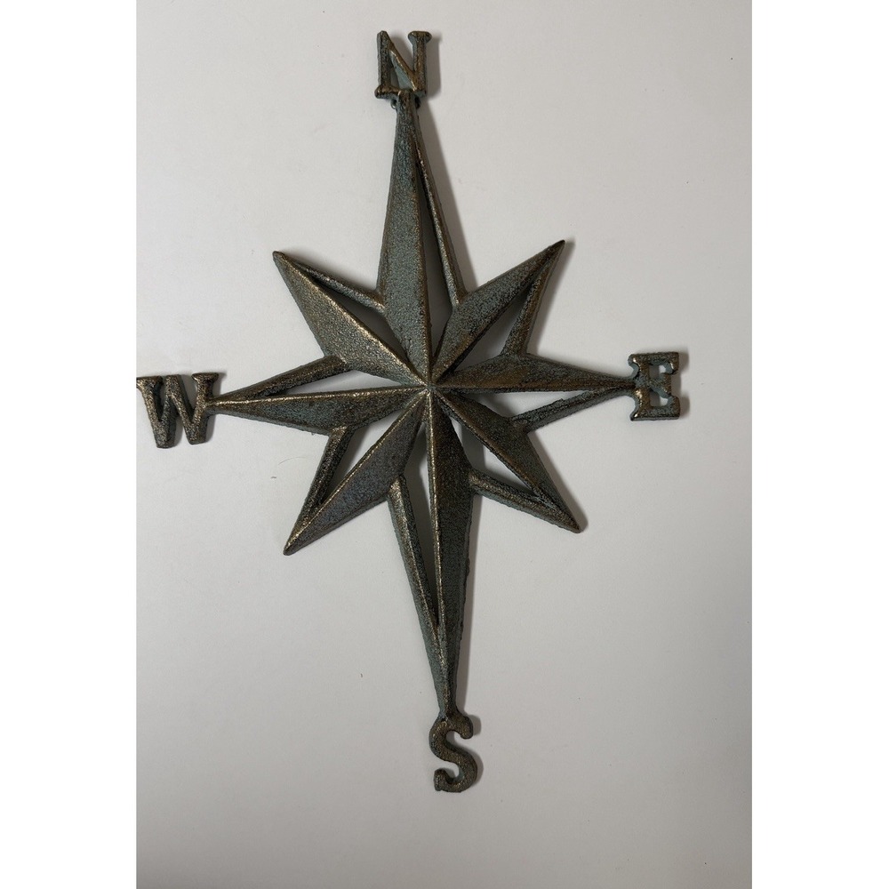 Vintage Cast Iron Nautical Compass Rose Wall Decor Verdigris 14.5" x 11.5"